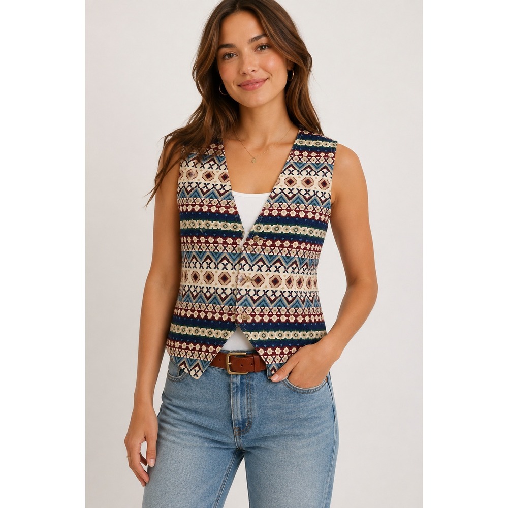 Vivaldi Jeanswear Vintage 90s Southwestern Geometric Cotton Vest Large USA Made
